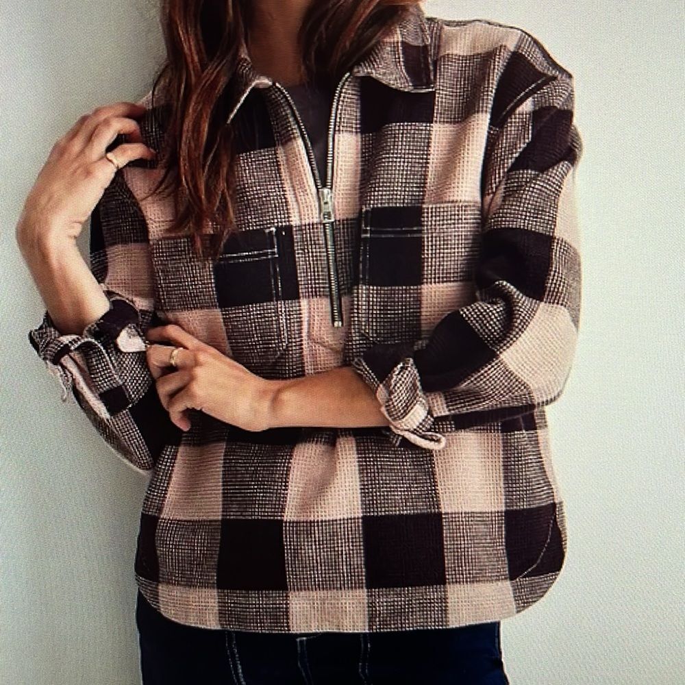 New!‎ Madewell Waffle Half Zip Popover Shirt Plaid in Sandstone Size XXS